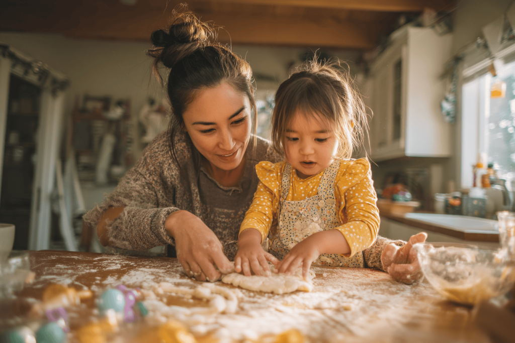mama preparando masa con su hija