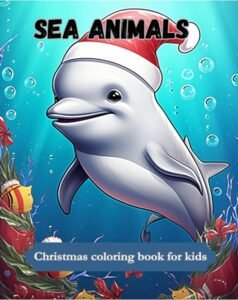 Portada de un libro para colorear con animales marinos y motivos navideños.