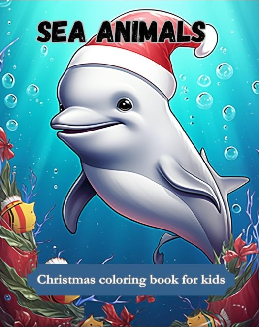 Portada de un libro para colorear con animales marinos y motivos navideños.