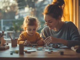 Madre y niño pequeño hacen una manualidad juntos en la mesa.