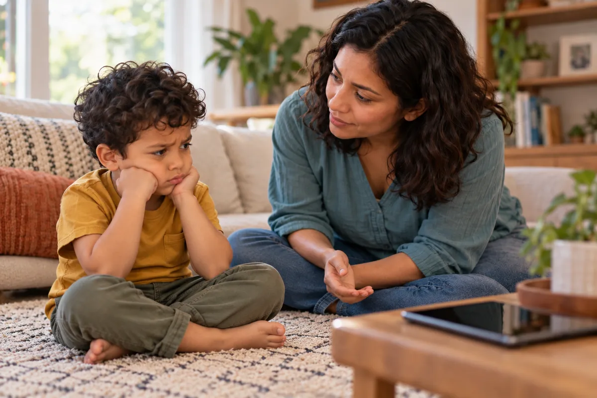 Una mamá acompaña con calma a su hijo, que sigue molesto después de apagar la tableta.
