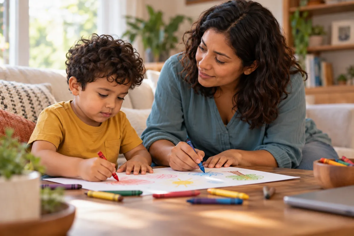 Un niño empieza a dibujar junto a su mamá después de apagar la tableta.