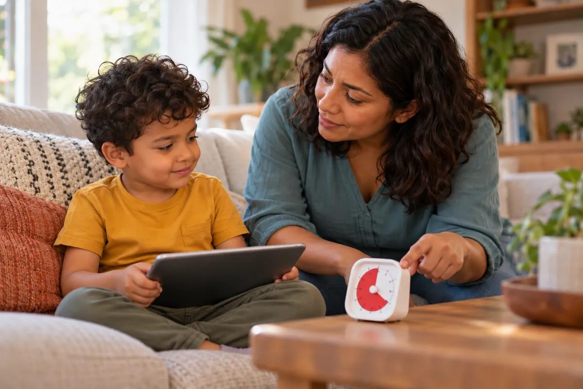 Una mamá acuerda con su hijo cuándo terminará el tiempo de pantalla y le muestra un temporizador visual.