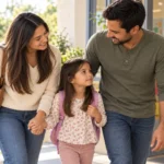 Una niña llega al preescolar acompañada por su madre y su padre.