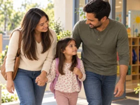 Una niña llega al preescolar acompañada por su madre y su padre.