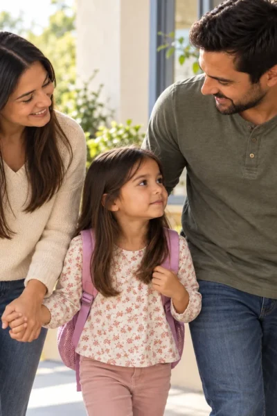 Una niña llega al preescolar acompañada por su madre y su padre.
