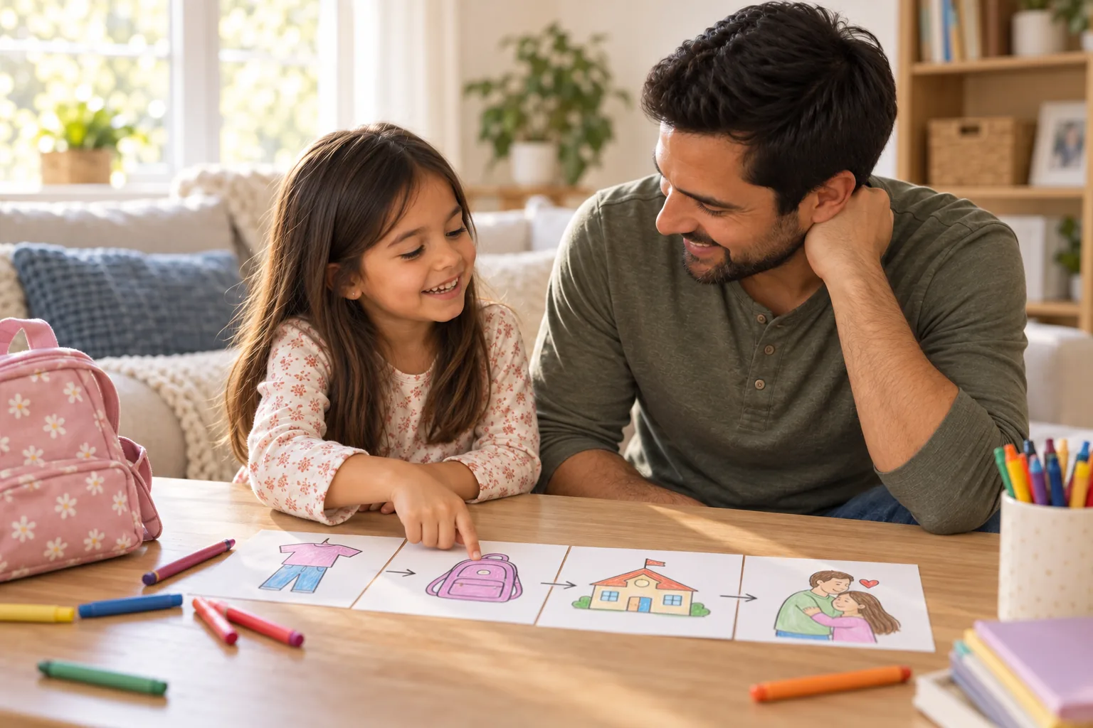 Un padre y su hija preparan dibujos con la rutina de una mañana de preescolar.