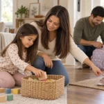 Una niña guarda bloques con su madre mientras su padre prepara la mochila junto a la puerta.