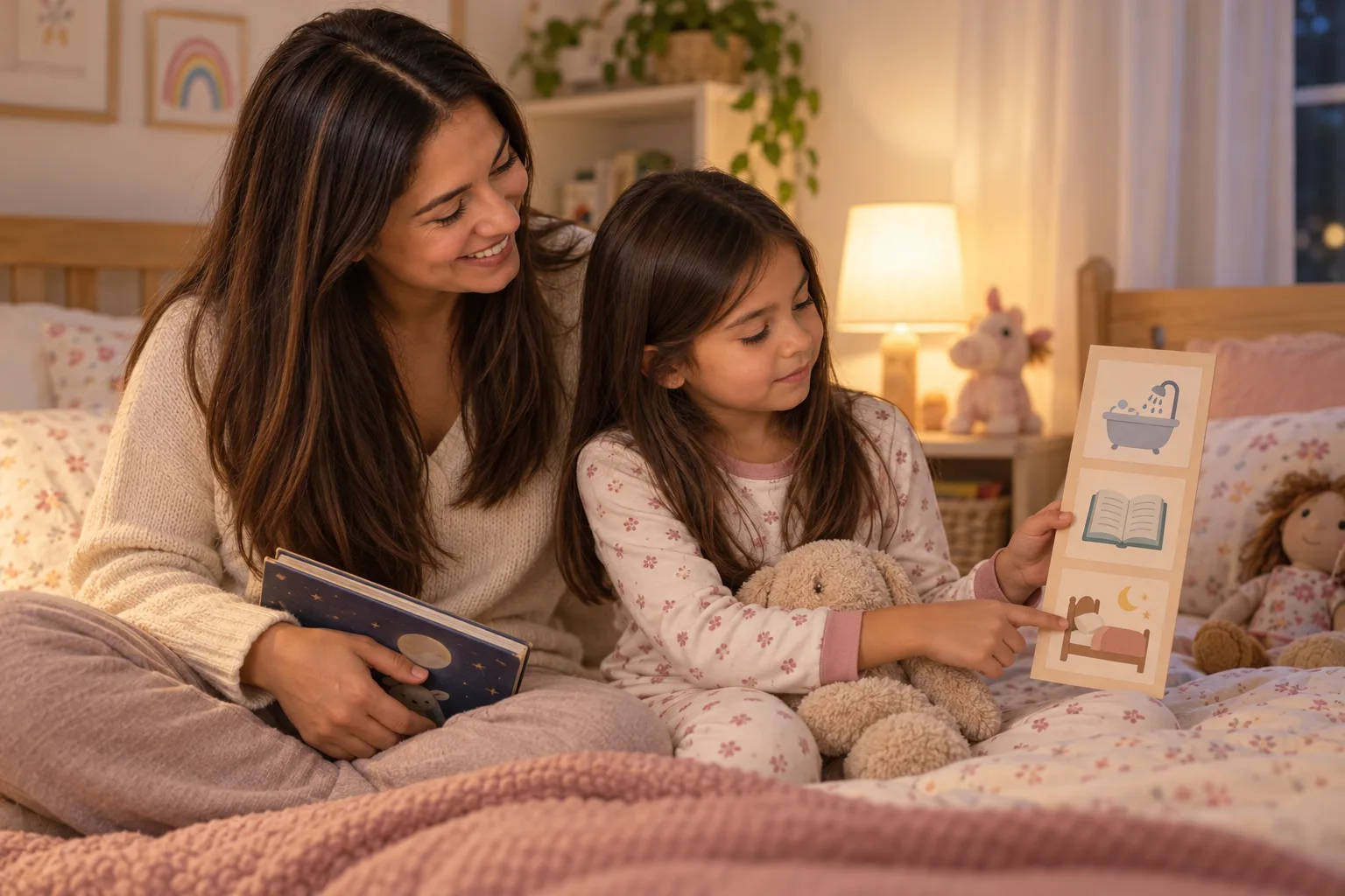 Una madre y su hija observan una rutina visual de baño, cuento y hora de dormir.
