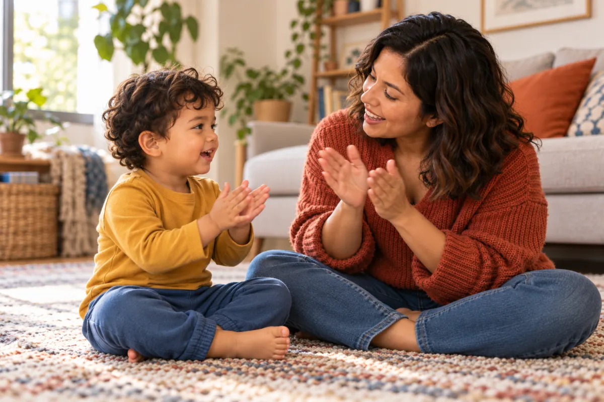 Una madre canta y da palmas con su hijo pequeño.
