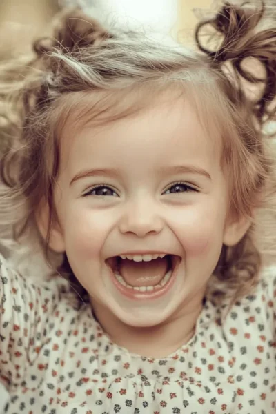 Niña pequeña celebra con los brazos levantados.