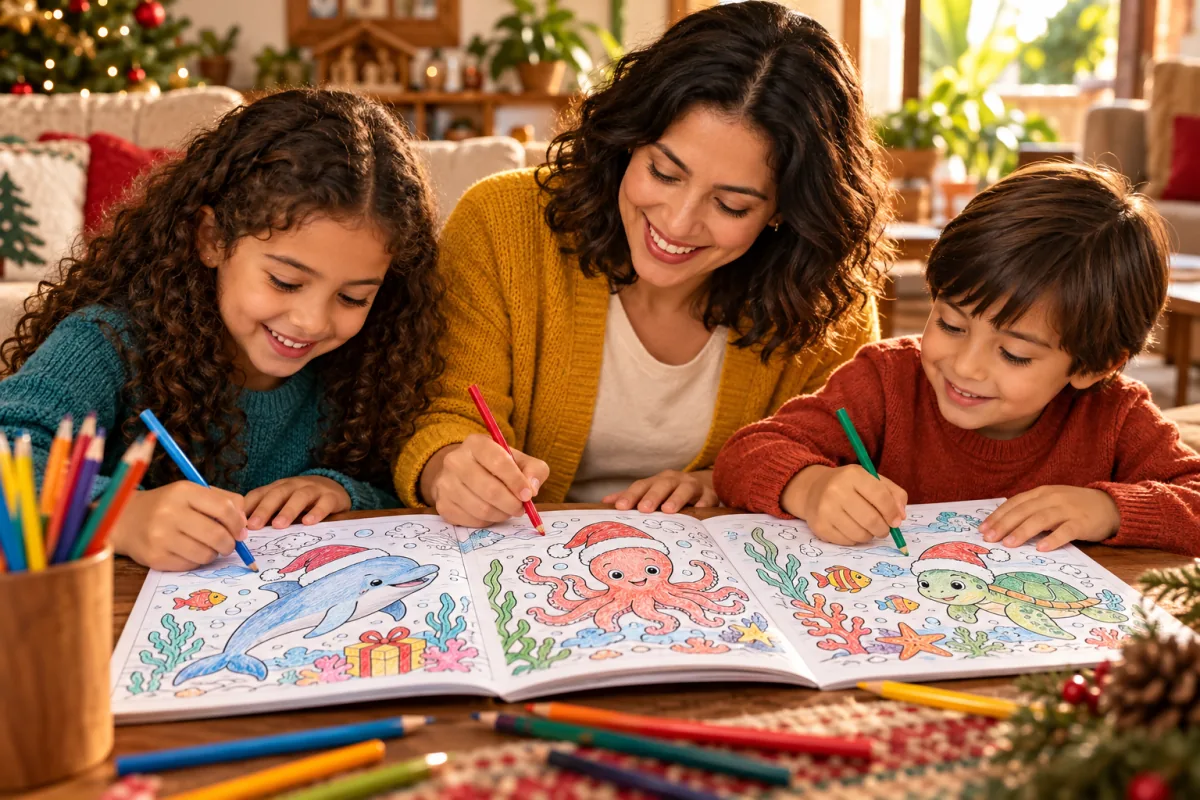 Una mamá colorea con sus hijos dibujos navideños de animales marinos.