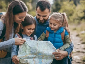 Familia consulta un mapa y planea un viaje al aire libre.