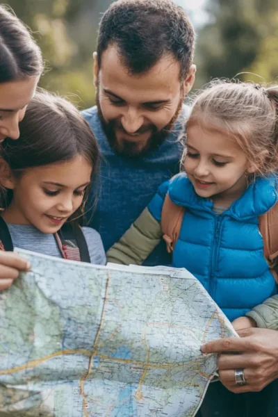 Familia consulta un mapa y planea un viaje al aire libre.