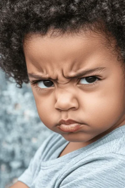 Niño pequeño frunce el ceño con gesto de frustración.