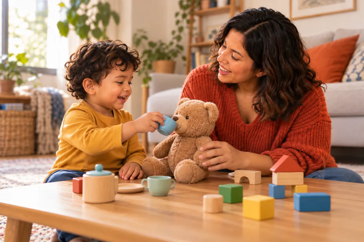 Un niño pequeño juega a darle de beber a un oso de peluche mientras su madre lo acompaña.