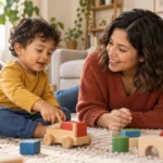 Una madre escucha a su hijo pequeño mientras juegan con bloques de madera en el suelo.