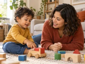 Una madre escucha a su hijo pequeño mientras juegan con bloques de madera en el suelo.