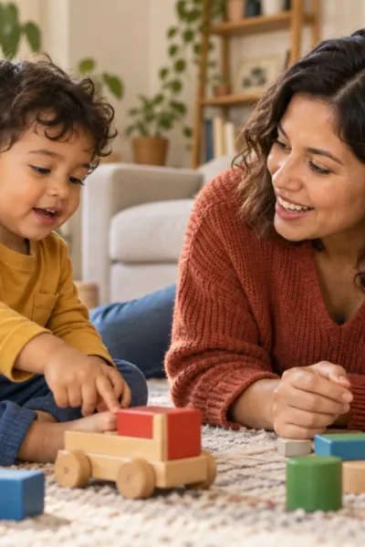 Una madre escucha a su hijo pequeño mientras juegan con bloques de madera en el suelo.