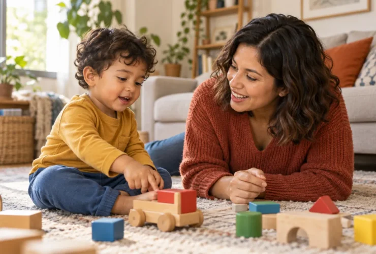 Una madre escucha a su hijo pequeño mientras juegan con bloques de madera en el suelo.