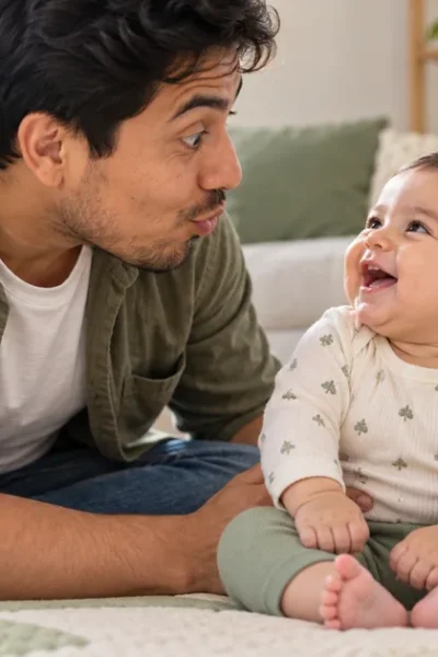 Una persona juega cara a cara con su bebé y lo hace sonreír.