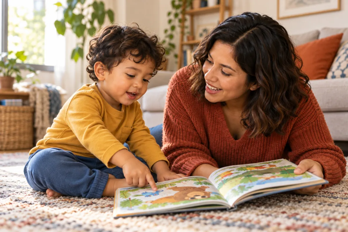 Una madre y su hijo pequeño miran juntos un cuento ilustrado.