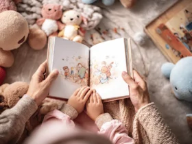 Madre lee un cuento junto a su hija pequeña.
