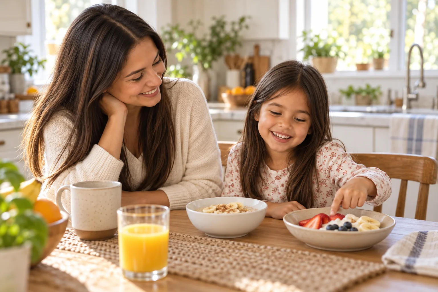 Madre e hija comparten el desayuno en la mesa de la cocina.