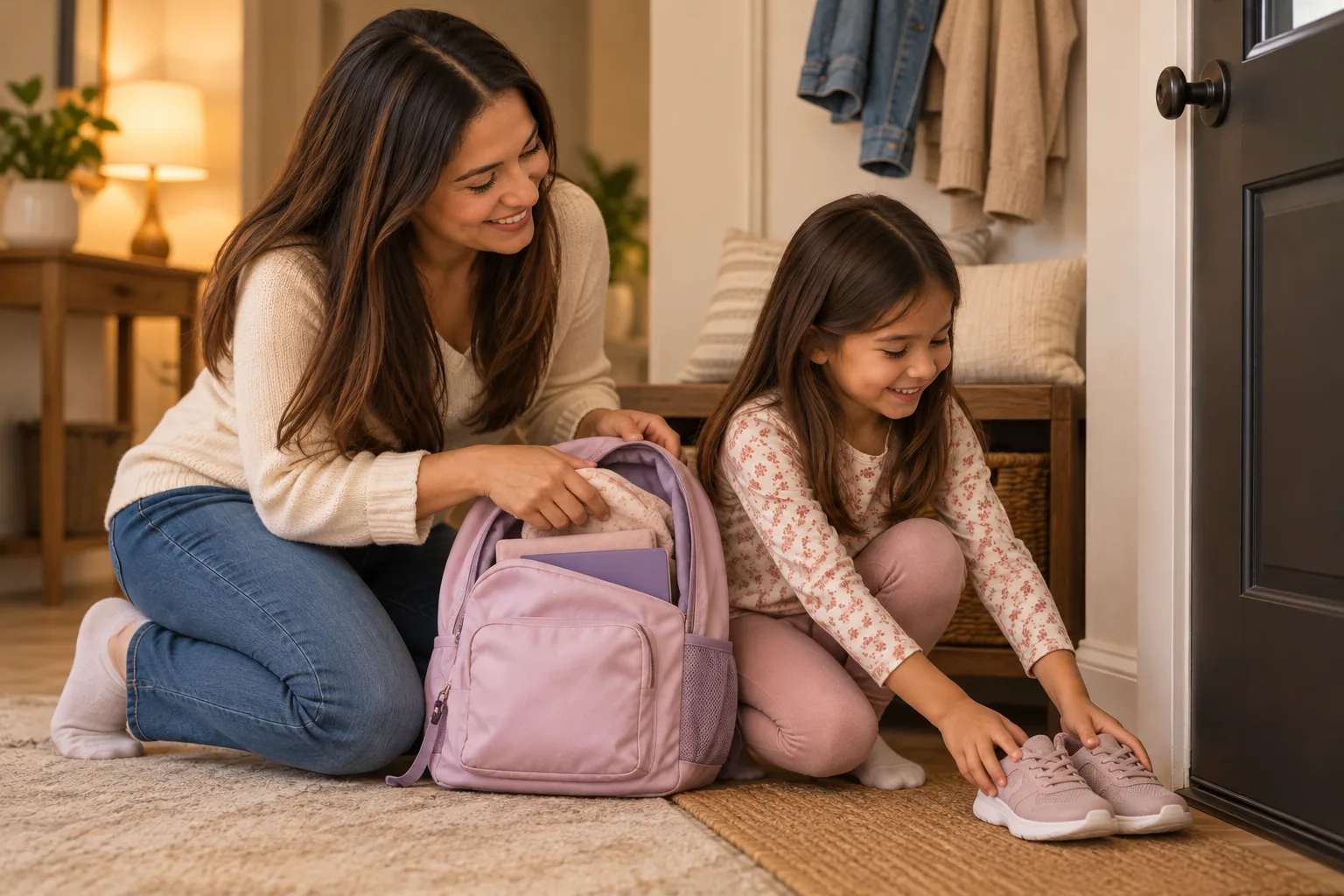 Madre e hija dejan lista la mochila y los zapatos junto a la puerta.