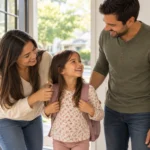 Los padres acompañan a su hija mientras se prepara para salir de casa con su mochila.