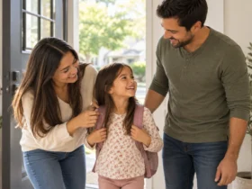 Los padres acompañan a su hija mientras se prepara para salir de casa con su mochila.
