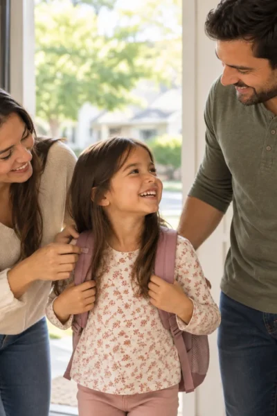 Los padres acompañan a su hija mientras se prepara para salir de casa con su mochila.