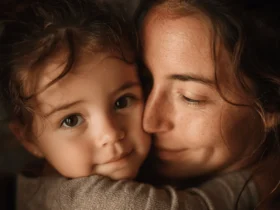 Madre abraza a su hija mientras ambas sonríen.