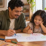 Un padre y su hija dibujan juntos caras con distintas expresiones para hablar de emociones.