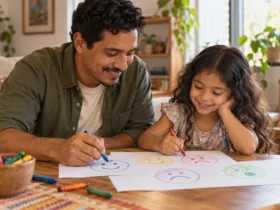 Un padre y su hija dibujan juntos caras con distintas expresiones para hablar de emociones.