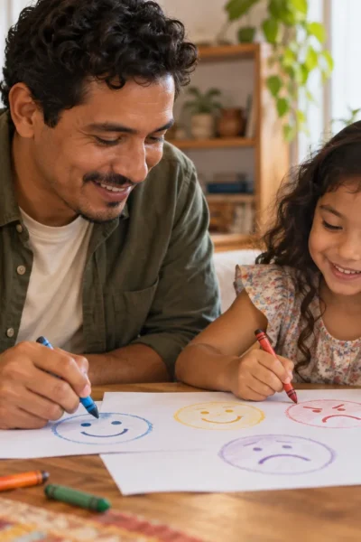 Un padre y su hija dibujan juntos caras con distintas expresiones para hablar de emociones.