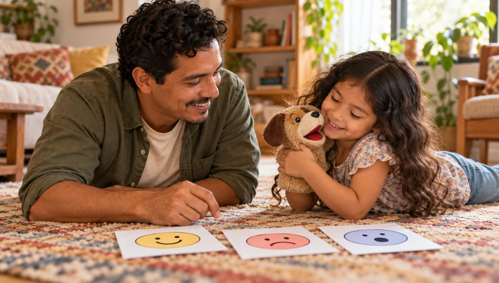 Una niña abraza un títere de peluche mientras su padre la acompaña durante un juego de imaginación.
