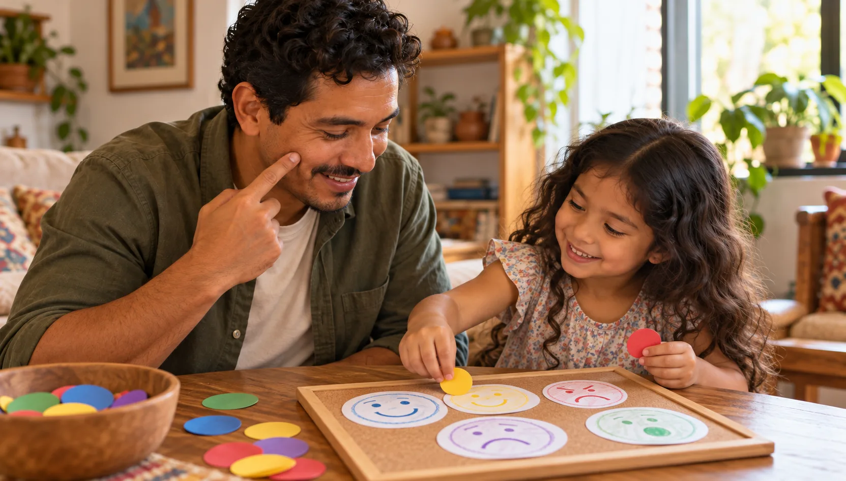 Un padre y su hija colocan círculos de colores junto a dibujos de caras mientras conversan.