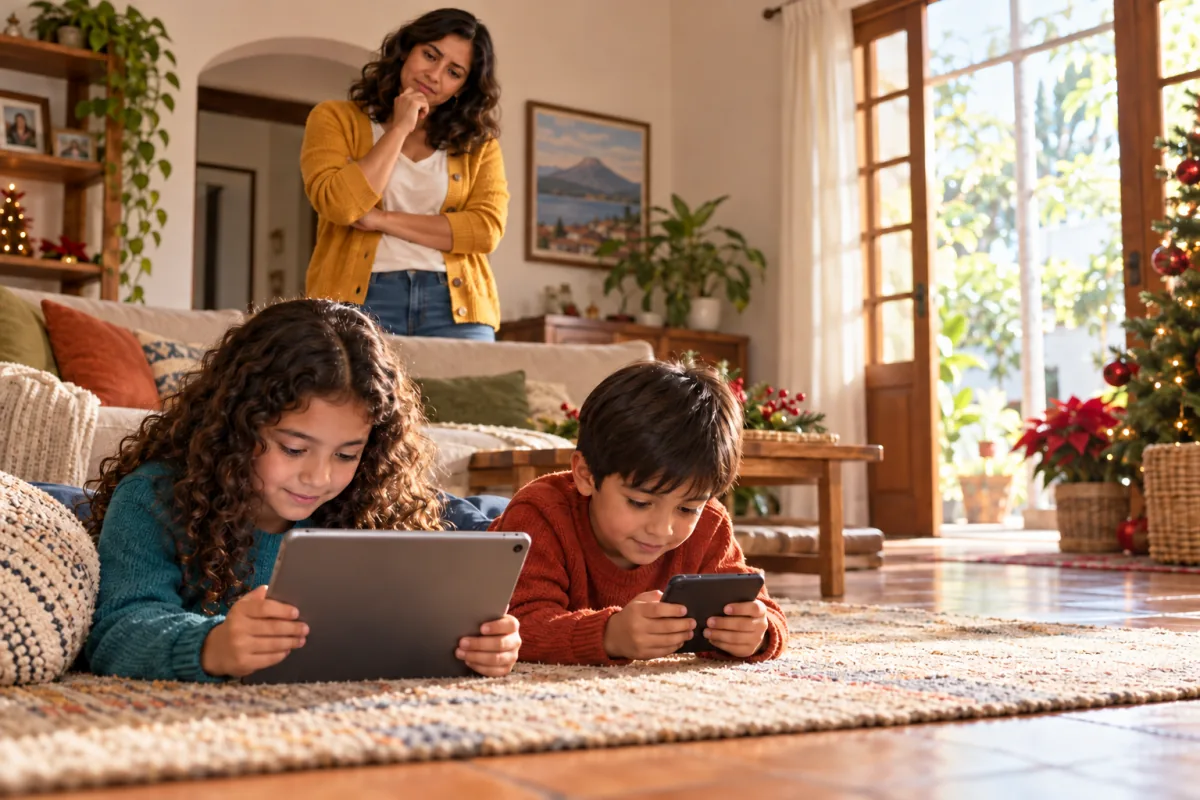 Dos niños usan una tableta y un teléfono mientras su mamá los observa pensativa.