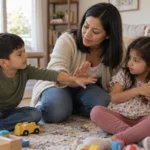 Madre latina de cabello liso se acerca con calma a sus dos hijos durante un momento difícil.