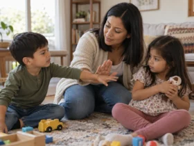 Madre latina de cabello liso se acerca con calma a sus dos hijos durante un momento difícil.