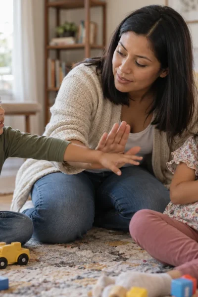 Madre latina de cabello liso se acerca con calma a sus dos hijos durante un momento difícil.