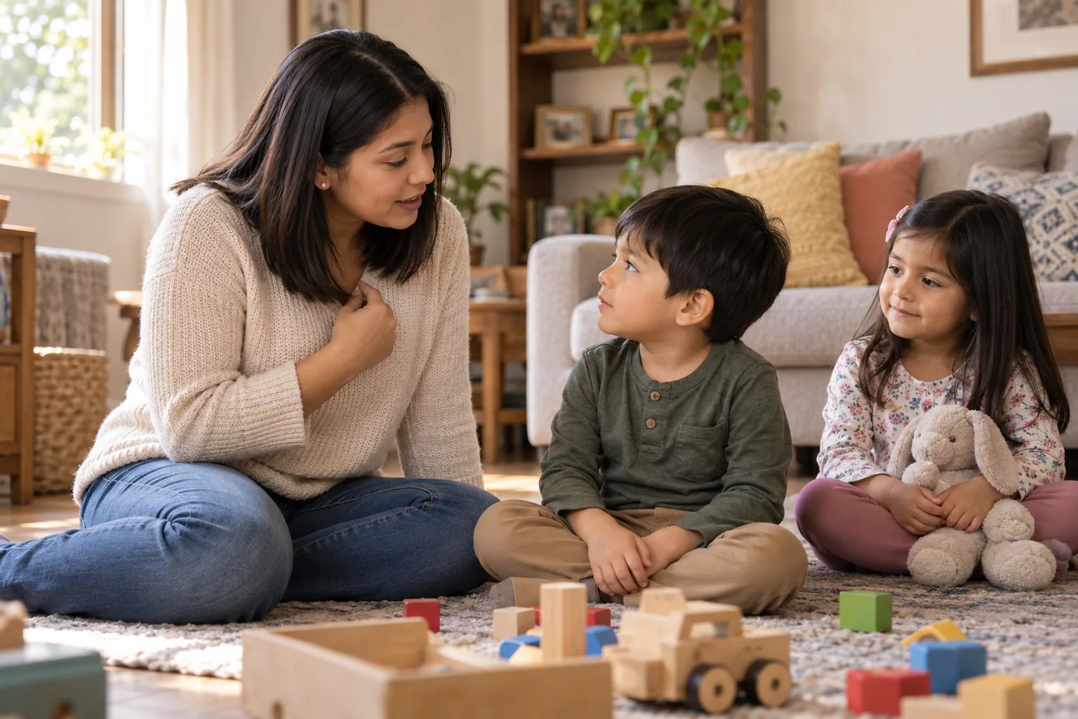 Niño y niña latinos de cabello liso practican con su madre qué decir cuando necesitan ayuda.