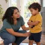 Una madre se pone a la altura de su hijo pequeño, que está molesto porque debe dejar de jugar.