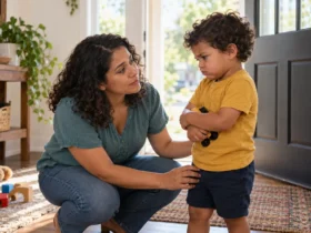 Una madre se pone a la altura de su hijo pequeño, que está molesto porque debe dejar de jugar.