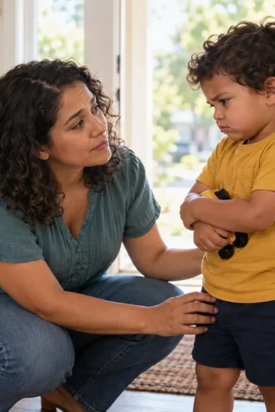Una madre se pone a la altura de su hijo pequeño, que está molesto porque debe dejar de jugar.