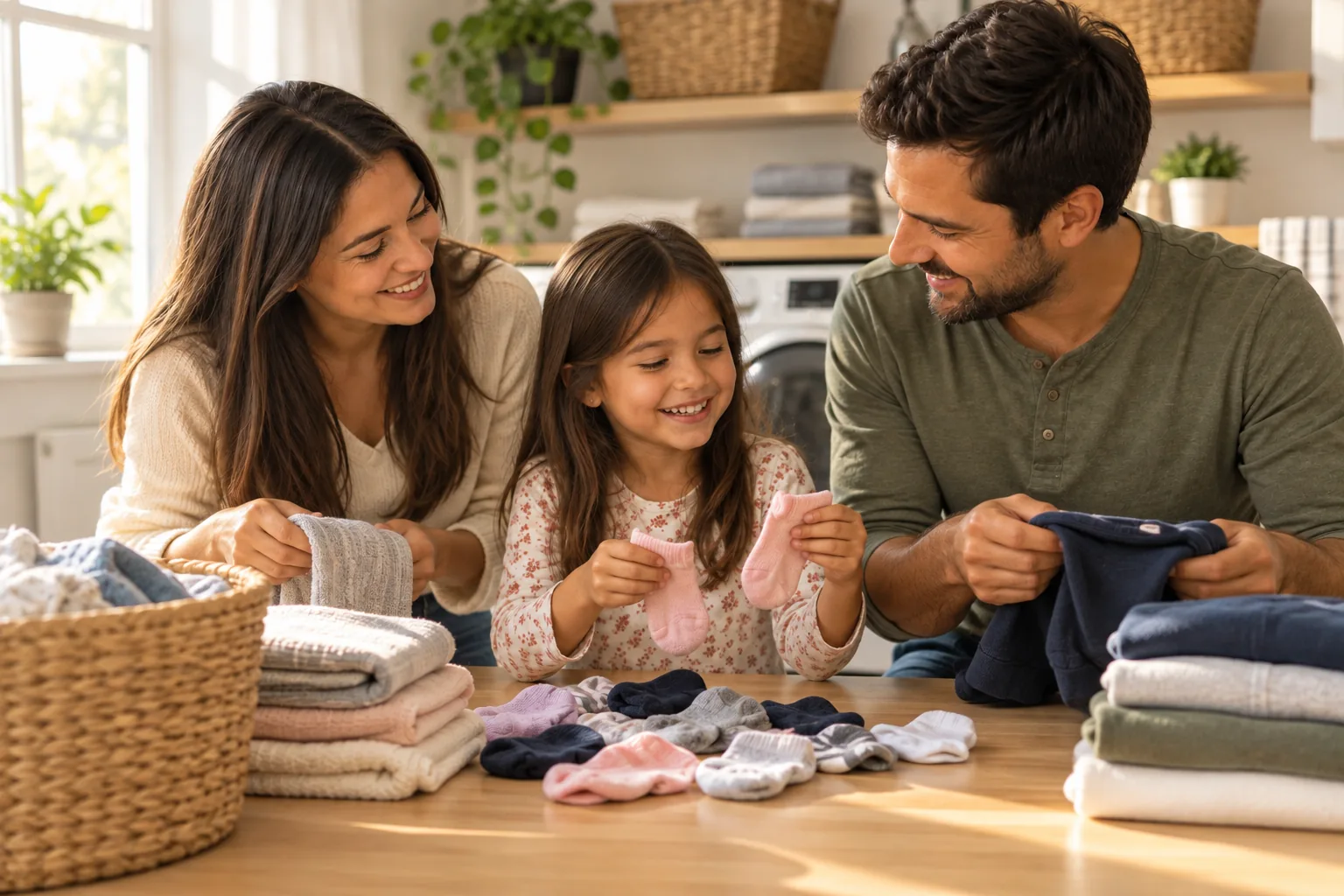 Una familia ordena ropa mientras la niña empareja calcetines.