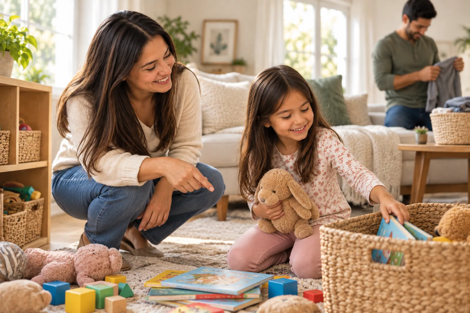 Una niña guarda juguetes en una cesta con la guía de su madre.