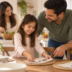 Una niña coloca servilletas en la mesa mientras sus padres la acompañan.