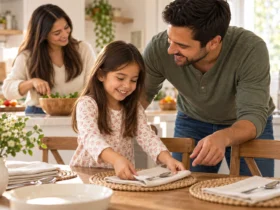 Una niña coloca servilletas en la mesa mientras sus padres la acompañan.